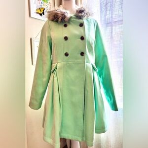 Cat & Jack Mint Green Double-Breasted Junior’s Coat with Faux Fur Lined Hat